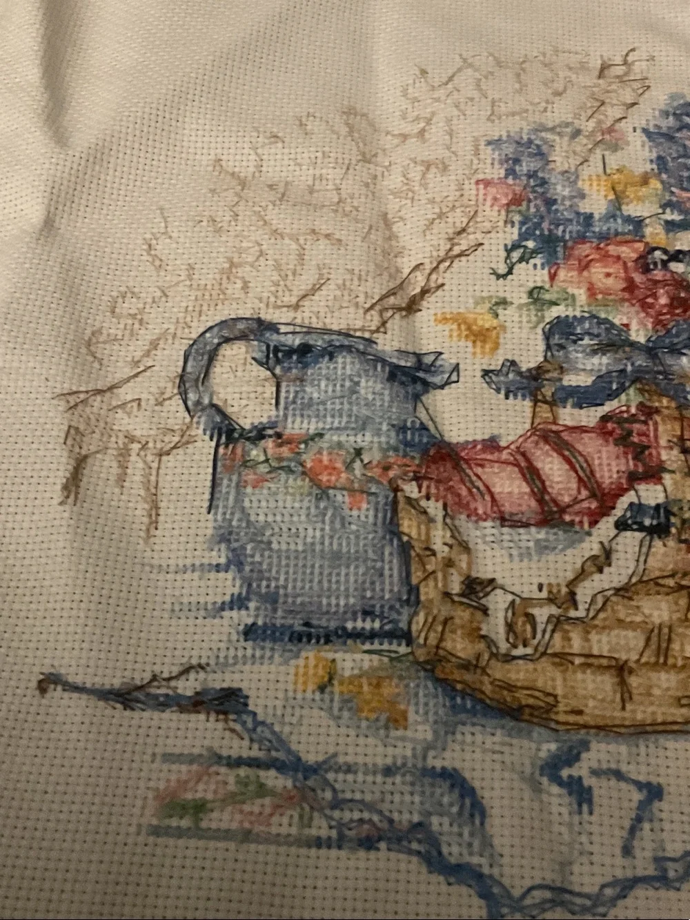 Hand-Embroidered Floral Still Life Cross-Stitch - Pink and Blue